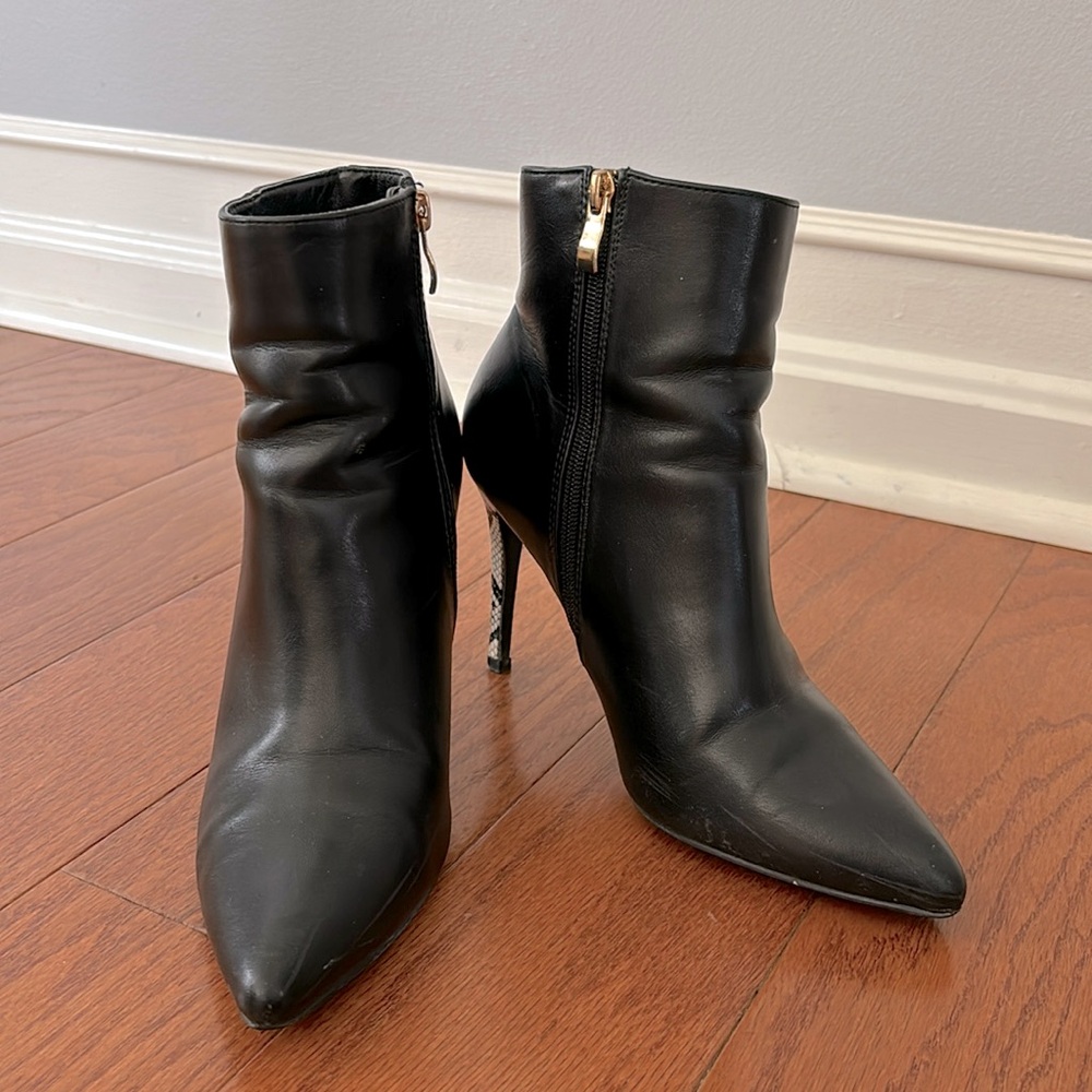 Black snake pointed toe ankle boots